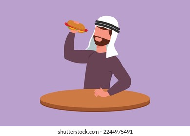 Cartoon flach Zeichnung glücklich bärtigen arabischen Mann essen hot dog Sandwich. Leckeres Schnellkoch in der Straße. Für Café, Essen, Werbung. Ungesunde Snacks. Mittagspause im Büro. Grafikdesign, Vektorgrafik