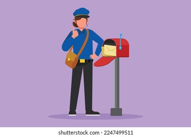 Cartoon flat style drawing happy postwoman with thumbs up gesture standing in hat, bag, uniform, holding an envelope. Working hard delivering mail to home address. Graphic design vector illustration