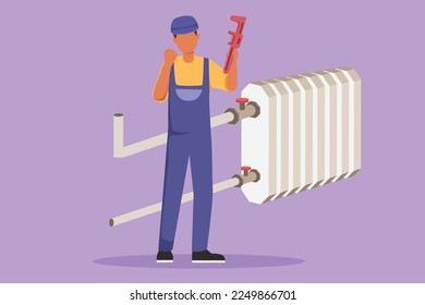 Cartoon flat style drawing happy plumber standing with celebrate gesture and holding carpentry tool ready to work fixing broken plumbing at home. Success business. Graphic design vector illustration