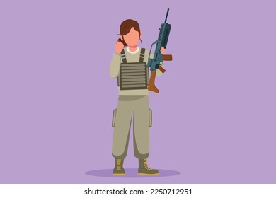 Cartoon flat style drawing happy female soldiers or army standing with weapon, full uniform, and celebrate gesture serving country with strength of military forces. Graphic design vector illustration