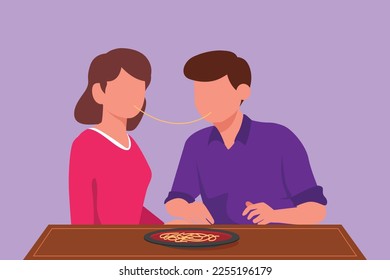 Dibujo plano de caricatura de pareja feliz que tiene una cita romántica en un restaurante comiendo pasta juntos. Hombre y mujer disfrutando del romance en la cafetería. Celebrar aniversarios. Ilustración vectorial de diseño gráfico