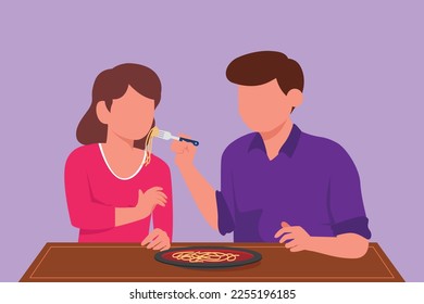 Dibujo de estilo plano de caricatura de pareja feliz comiendo ramen. Hombre y mujer en la tienda de ramen cena romántica de cita. Sentado en la mesa comiendo juntos fideos de cocina asiática fresca. Ilustración vectorial de diseño gráfico