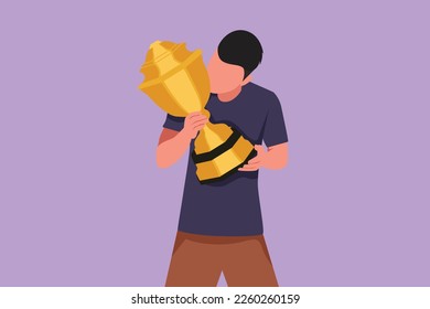 Cartoon flat style drawing happy young male athlete wearing jersey kissing national sports competition championship trophy. Proud achievement and successful people. Graphic design vector illustration