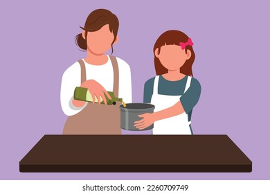 Cartoon flat style drawing of happy mother and her little daughter pour oil into pan which is being held by one of them. Cooking preparation in cozy kitchen at home. Graphic design vector illustration