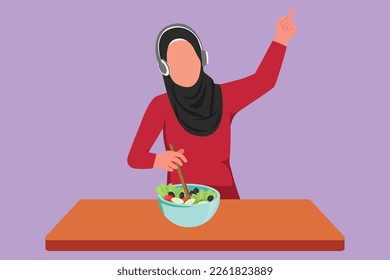 Cartoon flat style drawing happy Arab woman platting fresh salad on bowl and listening music with headphone in kitchen. Cooking delicious meal. Prepare healthy food. Graphic design vector illustration