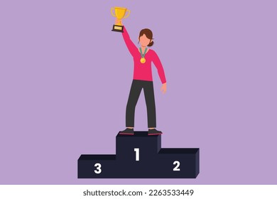 Cartoon flat style drawing happy female athlete lifting golden trophy with one hand on first podium. Active woman celebrate victory of national sports competition. Graphic design vector illustration