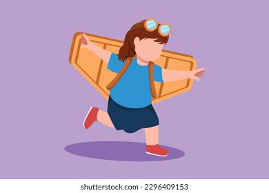 Cartoon flat style drawing happy pretty little girl play toy plane cardboard. Children playing toy plane cardboard. Creative game for kids in an astronaut costume. Graphic design vector illustration