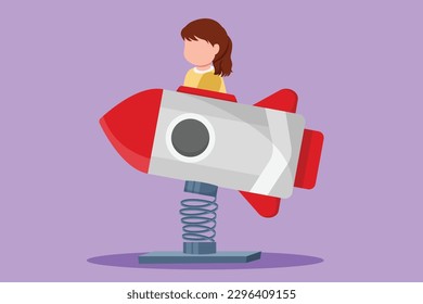 Cartoon flat style drawing happy little girl riding in toy rocket. Kid driving spaceship in amusement park. Child in rocket riding cosmic ship. Playground for kids. Graphic design vector illustration