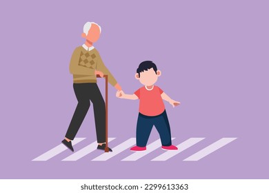 Cartoon flat style drawing happy little boy helps grandfather cross road. Courteous kind kid taking old man across road, holding hand. Manners and respect concept. Graphic design vector illustration