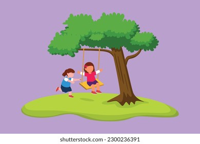 Cartoon flat style drawing of happy two little girls playing on tree swing. Cheerful kids on swinging under a tree at school. Children playing at outdoor playground. Graphic design vector illustration