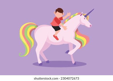 Cartoon flat style drawing happy little boy riding cute unicorn. Cheerful child sitting on back unicorn in fairy tale dream. Adorable kids learning to ride unicorn. Graphic design vector illustration