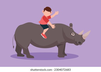 Cartoon flat style drawing of happy little boy riding rhino rhinoceros. Cheerful children sitting on back rhinoceros in zoo. Brave kids learning to ride rhinoceros. Graphic design vector illustration