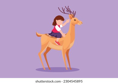 Cartoon flat style drawing happy little girl riding deer in zoo. Brave child sitting on back deer with saddle in ranch ground. Pretty kids learning to ride reindeer. Graphic design vector illustration