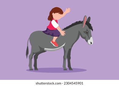 Cartoon flat style drawing happy little girl riding donkey at outdoor. Child sitting on back donkey with saddle in ranch park. Adorable kids learning to ride donkey. Graphic design vector illustration