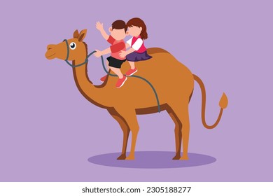 Cartoon flat style drawing happy little boy and girl riding camel together. Children sitting on hump camel with saddle in desert. Brave kids learning to ride camel. Graphic design vector illustration