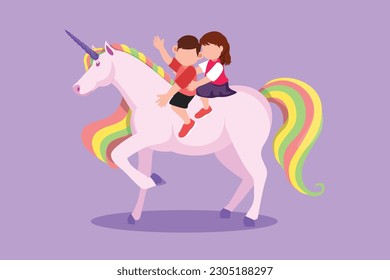 Cartoon flat style drawing of happy little boy and girl riding unicorn together. Children sitting on back unicorn in fairy tale dream. Kids learning to ride unicorn. Graphic design vector illustration