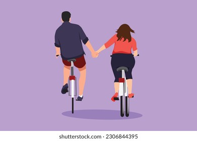 Cartoon flat style drawing happy couple ride bicycles in meadow back to camera and holding hand. Young romantic man and woman in love. Happy romantic married couple. Graphic design vector illustration