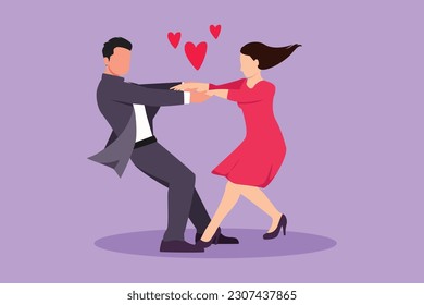 Dibujo plano de caricatura de un joven feliz y una mujer de belleza bailando en el suelo del parque. Una pareja romántica y amable tomando la mano y dando vueltas en la fiesta de la boda. Ilustración vectorial de diseño gráfico