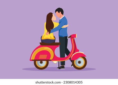 Cartoon flat style drawing happy man   woman kissing each other motorcycle  Scooter  travel  couple  adventure  ride concept  Family couple travel by scooter  Graphic design vector illustration