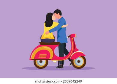 Cartoon flat style drawing happy Arabian man   woman kissing each other motorcycle  Scooter  travel  adventure  ride concept  Family couple travel by scooter  Graphic design vector illustration