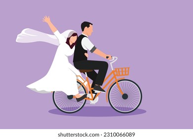 Cartoon flat style drawing happy married couple having fun on date riding bicycle in love at park. Back view of romantic teenage couple ride bike with wedding dress. Graphic design vector illustration