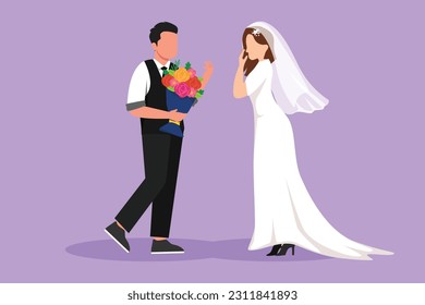 Cartoon flat style drawing happy man making proposal marriage to woman with bouquet. Boy surprises his girl wearing wedding dress and giving flowers. Love relation. Graphic design vector illustration