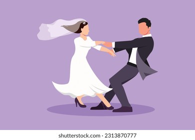 Cartoon flat style drawing happy cheerful boy and pretty girl dancing on the floor at wedding party. Romantic young wedding couple holding hands and spinning around. Graphic design vector illustration