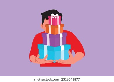Dibujo de estilo plano alegre macho sujetando una pila de regalos. Un hombre alegre sostiene una enorme pila de regalos de Año Nuevo. Joven cargando un montón de icono envuelto en la caja de regalo. Ilustración vectorial de diseño gráfico