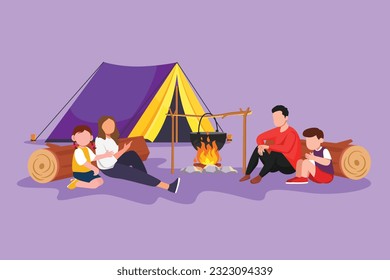 Cartoon flach gezeichnete Wanderfamilie rund um Campingzelte kochen Wasser in Topf zum Abendessen. Eltern und Kinder werden nahe am Feuer warm und sitzen auf Stämmen. Grafikdesign, Vektorgrafik