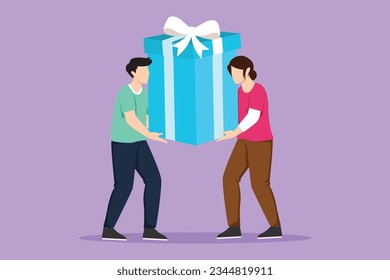 Cartoon flat style drawing happy couple man and woman are carrying a huge gift box. Big bonus or special offer for best employee. Happy birthday present from office. Graphic design vector illustration