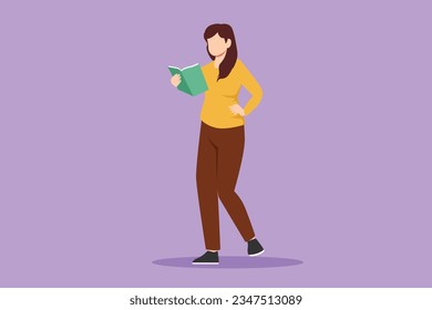 Cartoon flat style drawing happy beautiful woman standing and reading book at library school. Young pretty female reader enjoying literature or preparing for exam. Graphic design vector illustration