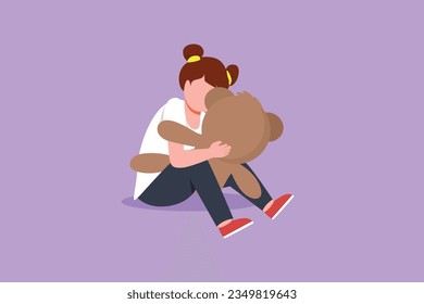 Cartoon flat style drawing happy beautiful little girl hugging big teddy bear  sitting floor at home  adorable kid doll toys  Little girl playing and teddy bear  Graphic design vector illustration