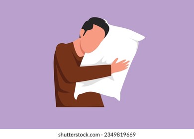 Cartoon flat style drawing happy man sleeping and hugging pillow at home. Sideways sleep position with no bed, active young guy lying on his side propped on cushion. Graphic design vector illustration