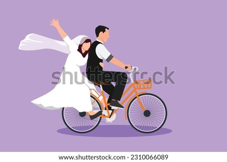Cartoon flat style drawing happy married couple having fun on date riding bicycle in love at park. Back view of romantic teenage couple ride bike with wedding dress. Graphic design vector illustration