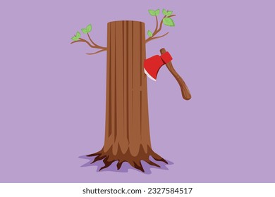 Cartoon flat style drawing of hatchet in beside tree stump logo, icon, label, symbol. A tree stump with an axe stuck. Forest, camping concept. Axe in stuck at stump. Graphic design vector illustration