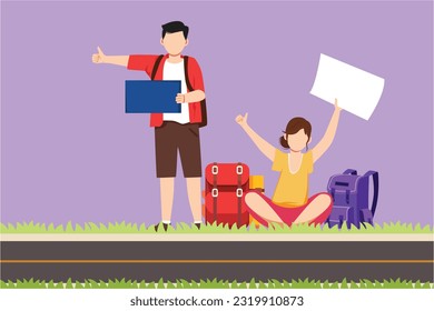 Cartoon flat style drawing hitchhiking men and women with luggage and thumbs up waiting for car by roadside. Adventure travel, road trip, tourism, holiday logo icon. Graphic design vector illustration