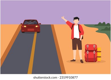 Cartoon flat style drawing hitchhiking man with luggage and thumbs up waiting for car by roadside. Smiling man thumbing or hitching ride. Vacation, holiday and trip. Graphic design vector illustration