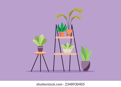Dibujo de caricatura de estilo plano del huerto del hogar, suculentos, flores, macetas. El diseño interior, la mesa, el mueble y las plantas interiores. Semillas de tulipanes decorativos. Ilustración vectorial de diseño gráfico