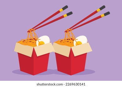 Cartoon flat style drawing hot spicy noodles store logo. Pasta on box fast food menu restaurant badge for cafe shop or food delivery service. Tasty meal for lunch. Graphic design vector illustration