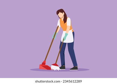 Cartoon flat style drawing housekeeping girl worker with broom, dustpan. Beautiful woman janitor, sweeping floor with broom, holding dustpan, professional cleaning. Graphic design vector illustration