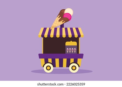 Cartoon flat style drawing ice cream booth at amusement park using two  wheeled cart and an ice cream logo  Sweet   very tasty food  Successful small business  Graphic design vector illustration