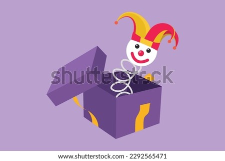 Cartoon flat style drawing Jack in the box toys logo, icon, label, symbol. Amusing toy jumping out from box. Jack in the box toy, surprise and springing out of box. Graphic design vector illustration