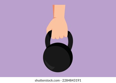 Cartoon flat style drawing of kettlebell weight. Hand lifted kettlebell. Stay strong. Gym, fitness label. Athletic sportsman arm holding kettlebell. Fitness workout. Graphic design vector illustration