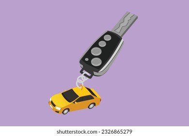 Cartoon flat style drawing key car and key ring over the metallic table. Clipping path included. Electronic car key front and back view and alarm system logo, icon. Graphic design vector illustration