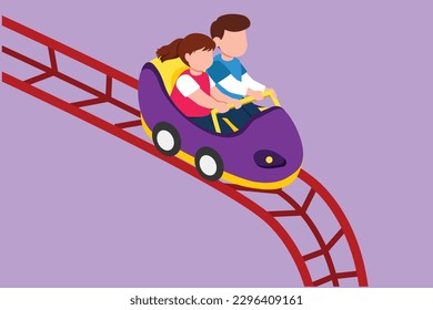 Cartoon flat style drawing kids rollercoaster rides  Cute little boy   girl riding fast at amusement rides  happy laughing excited scared amusement park  Graphic design vector illustration