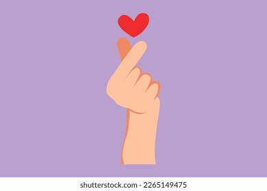 Cartoon flat style drawing of Korean heart sign. Finger love symbol. I love you hand gesture. Self love. Korean heart design. Love with hand gestures for education. Graphic design vector illustration