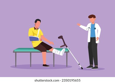 Cartoon flat style drawing leg fracture patient. Medical doctor talking to sick man with broken leg in hospital room. Young male on consultation with trauma problem. Graphic design vector illustration