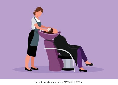 Cartoon flat style drawing like a princess. Side view photo of young relaxed woman washing hair in hair salon. Hair style beauty concept. Successful barber business. Graphic design vector illustration