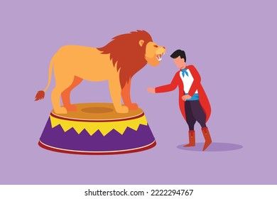 Cartoon flat style drawing lion standing on a circus chair or stage while following the instructions of his trainer. A very thrilling circus animal show performance. Graphic design vector illustration
