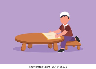 Cartoon flat style drawing little boy reading and studying on table with stationery. Arab kid doing homework from school. Intelligent student. Education knowledge. Graphic design vector illustration
